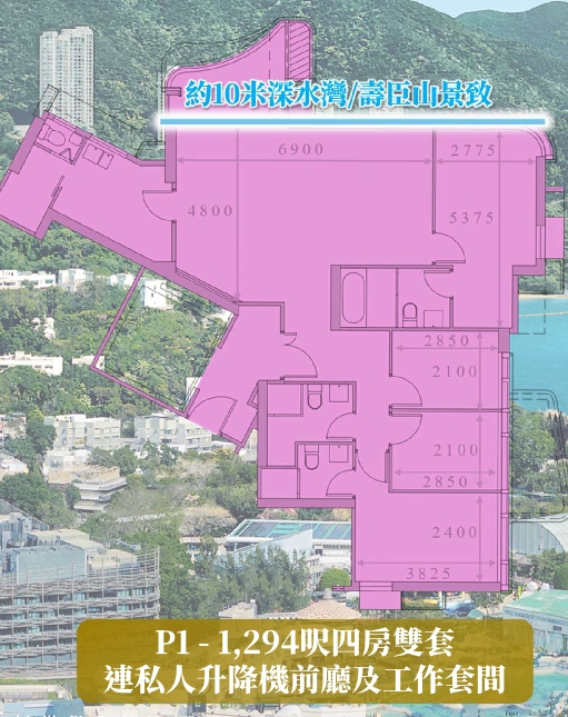 P1 四房雙套平面，連私人升降機前廳及工作套間